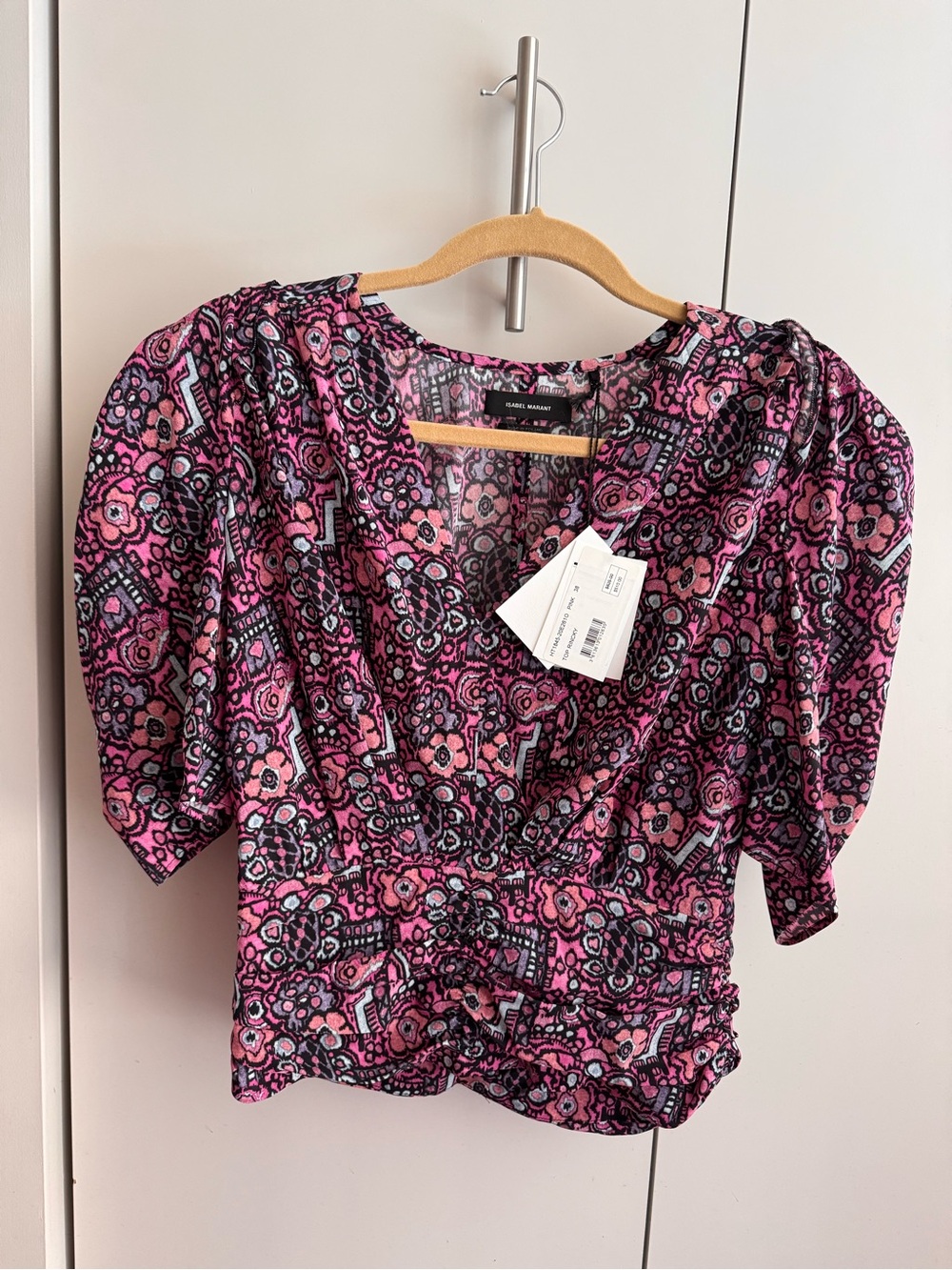 Isabel Marant Pink and Black Floral Puff-Sleeve Wrap Blouse